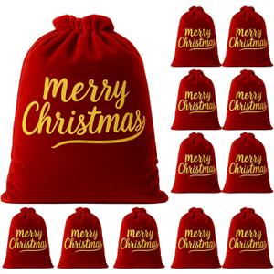 Sweetude 12 Pcs Red Velvet Drawstring Gift Bags Small Velvet Pouch Christmas Treat Sacks Gift Wrapping Bags Xmas Holiday Party Favors(6 x 9 Inch, Merry Christmas)
