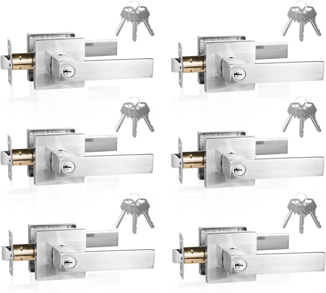 Door Handle with Lock, Keyed Entry, 6 Pack, Silver