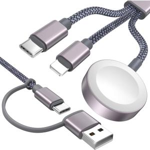 Travel Essentials 3 in 2 USB C Cable for Apple Watch Charger iPhone Charger USB C Multi Fast Charging Cable Compatible with iWatch Ultra/SE/10/9/8/7/6/5/4/3/2/1 & iPhone 16/15/14/Galaxy S23-4FT (Grey)