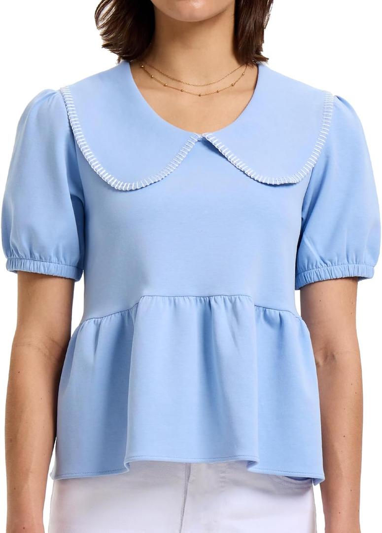 HOULENGS Women's Summer Puff Sleeve Peplum Babydoll Tops 2025 Peter Pan Collar Flowy Shirts Casual Ruffle Cute Blouse Top (Blue, L)