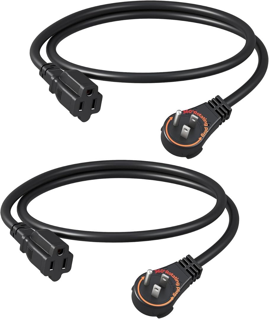 DEWENWILS 360° Rotating Flat Plug Extension Cord 3 Foot, 14/ 3 Gauge 3 Prong Grounded Wire, 15A/ 1875W Heavy Duty Power Cord, Space Saving for Indoor Narrow Space, ETL Certified, 2 Pack, Black