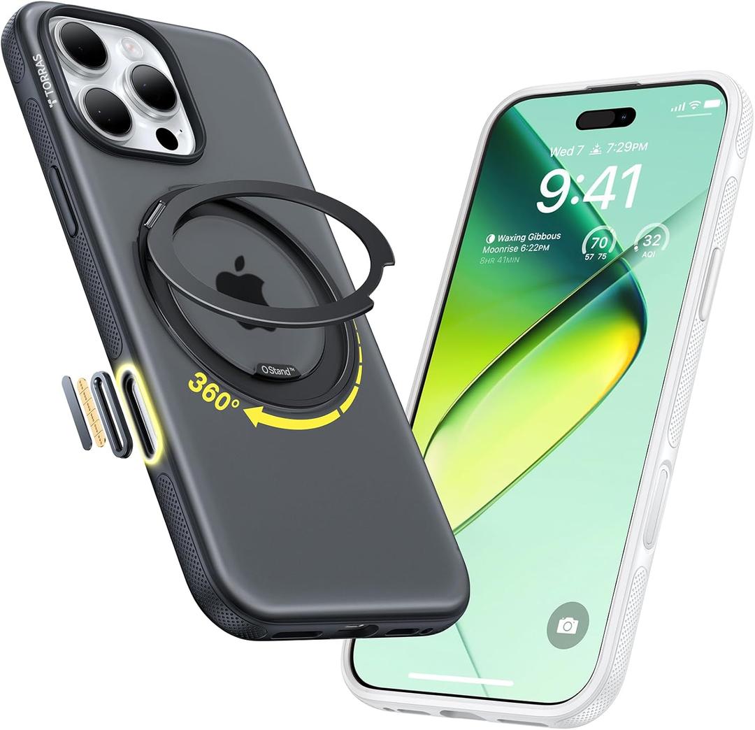 TORRAS 360 Magnetic Stand for iPhone 16 Pro Max Case[Fit for MagSafe][Camera Control Button][Mil-Grade Protection] Slim, Rotatable Kickstand, Translucent Obsidian Black 6.9", Ostand OFitness Series