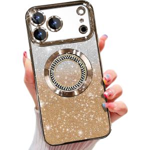 Misscase for iPhone 17 Pro Max Magnetic Glitter Case Compatible with MagSafe,Full Protection Slim Shockproof Anti-Scratch Case with Camera Lens Protector Plating Bling Dust-Proof Net Gold