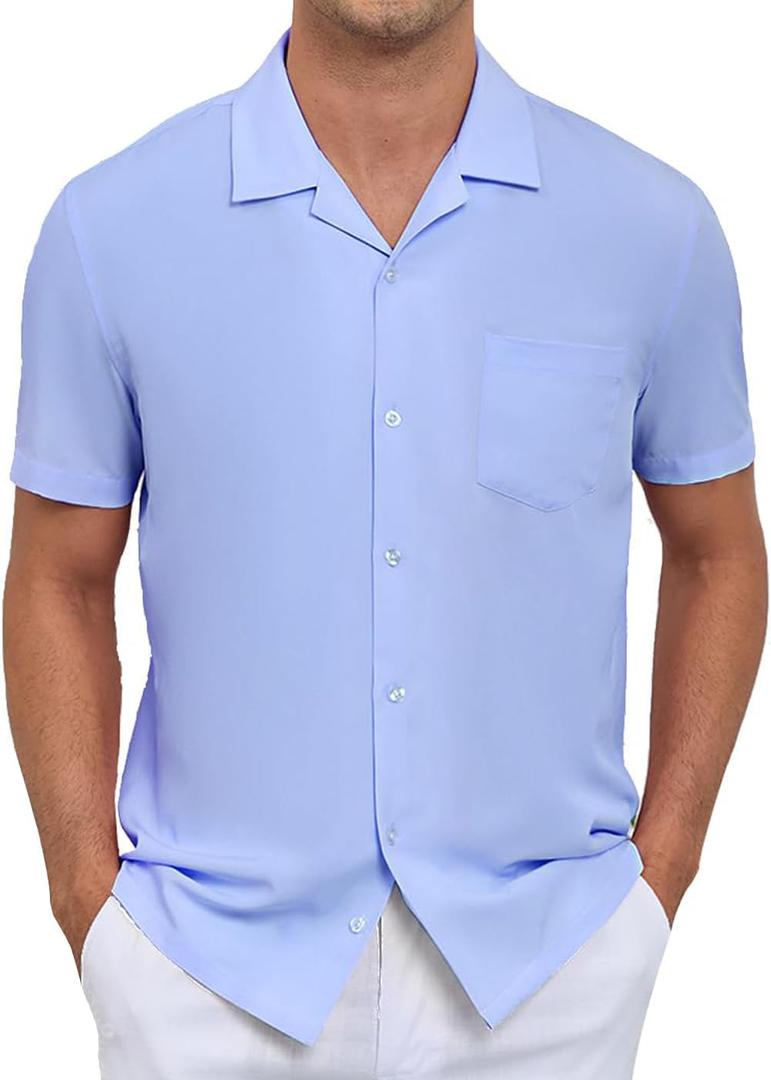 Men's Short Sleeve Button Down Shirt Cuban Collar Anti-Wrinkle Shirt Casual Summer Beach Shirt (M)