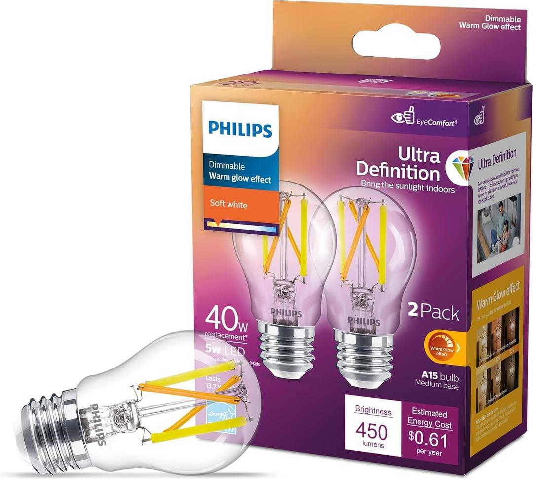 Philips LED 40W A15 2-Pack Ultra Definition Soft White (2700K) 450 Lumen (5W = 40W) Dimmable Clear Flicker-Free Light Bulbs