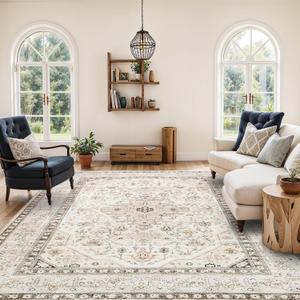 HILORUUG Washable Area Rug 8x10 - Bedroom Living Room Large Indoor Rugs Soft Oriental Vintage Rugs Non-Slip Backing Stain Resistant for Farmhouse Kitchen (8x10 Ivory/Multi)