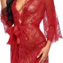 Avidlove Women's Lace Kimono Robe Babydoll Lingerie Mesh Nightgown (Medium, Dark Red)