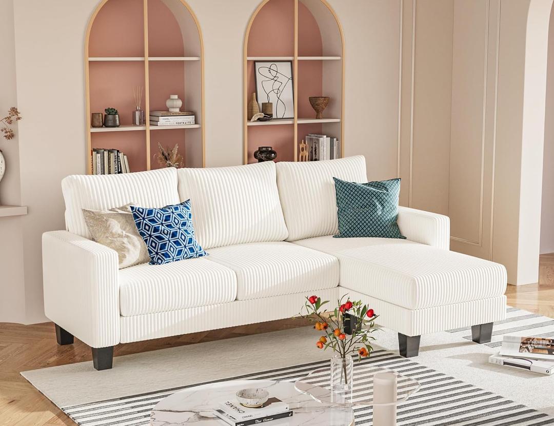 Homall Sofa for Living Room, Couch with Convertible Chaise, 3 Seat L-Shaped Sofas, Comfy Corduroy Couches for Apartment, Small Space, Cream