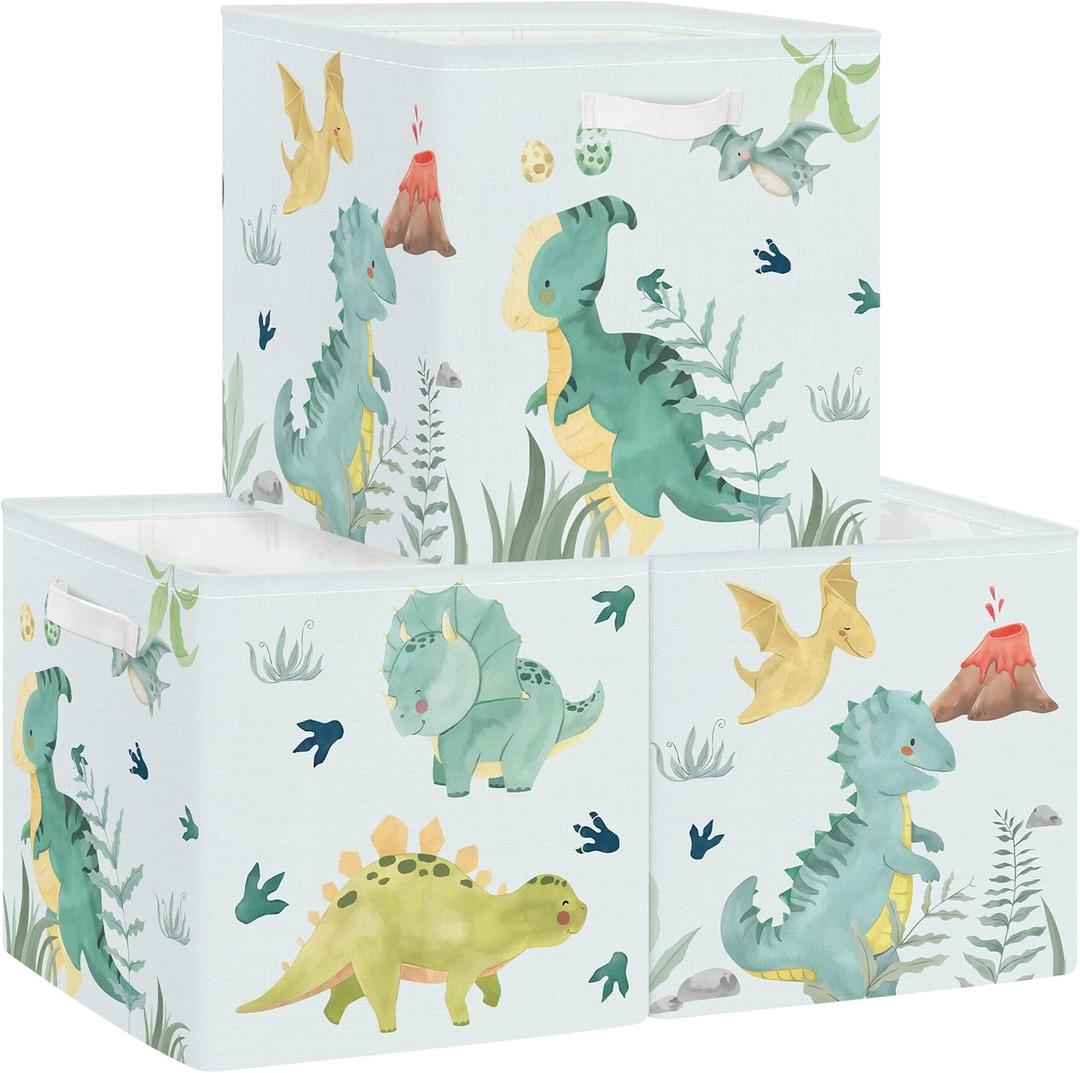 Clastyle 3 pcs Dinosaur Cube Storage Unit Boxes Volcano Kallax Box for Shelves Parents Storage Baskets for Book Clothes Toy Organizer, Volcanoes, 11.8x11.8x11.8 in