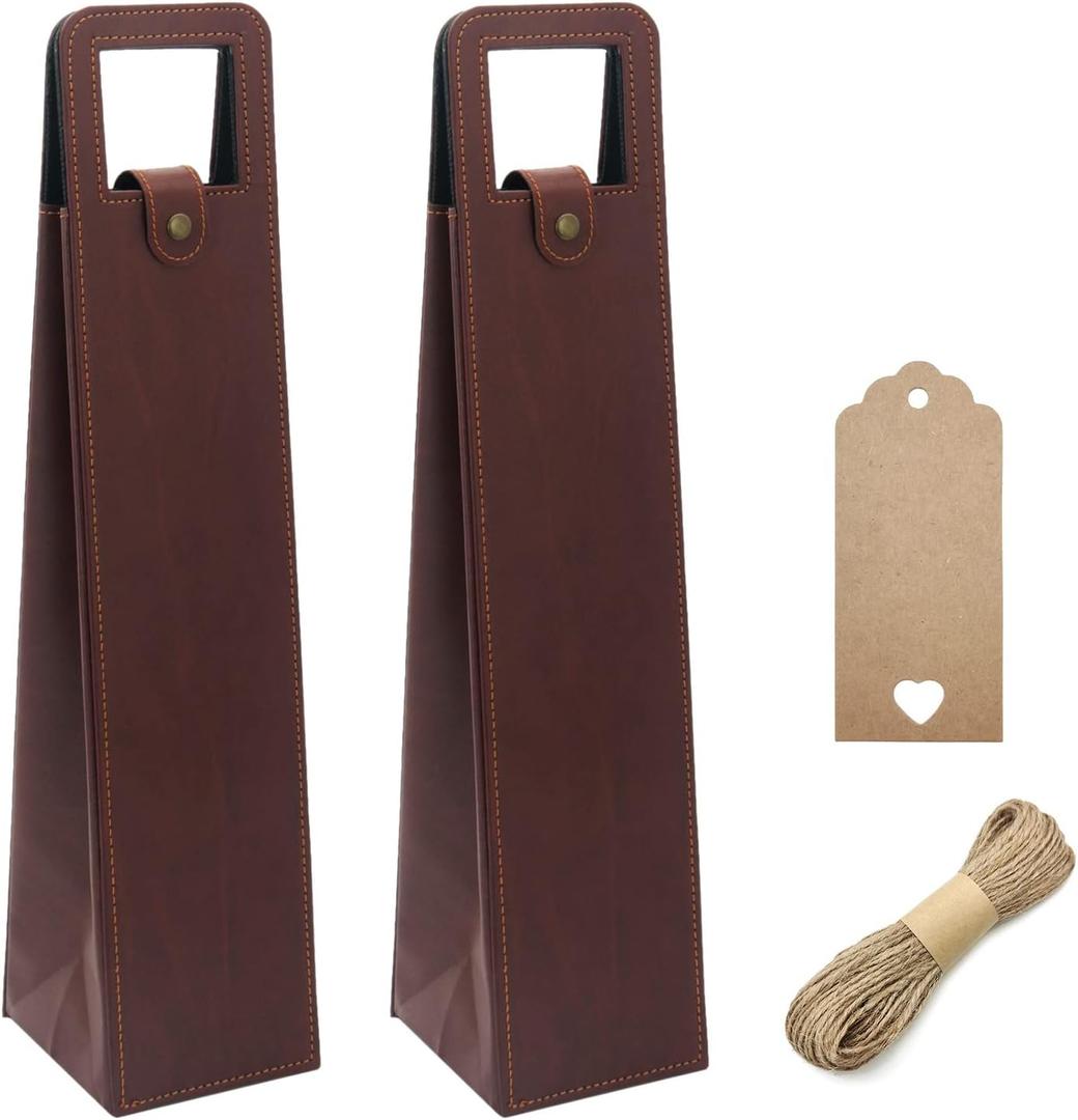 DIWNELEM 2 Pack Leather Wine Bag - Gift Bags for Wine, Champagne, Beer Bottles - Tote Carrier for Travel, Parties - Brown