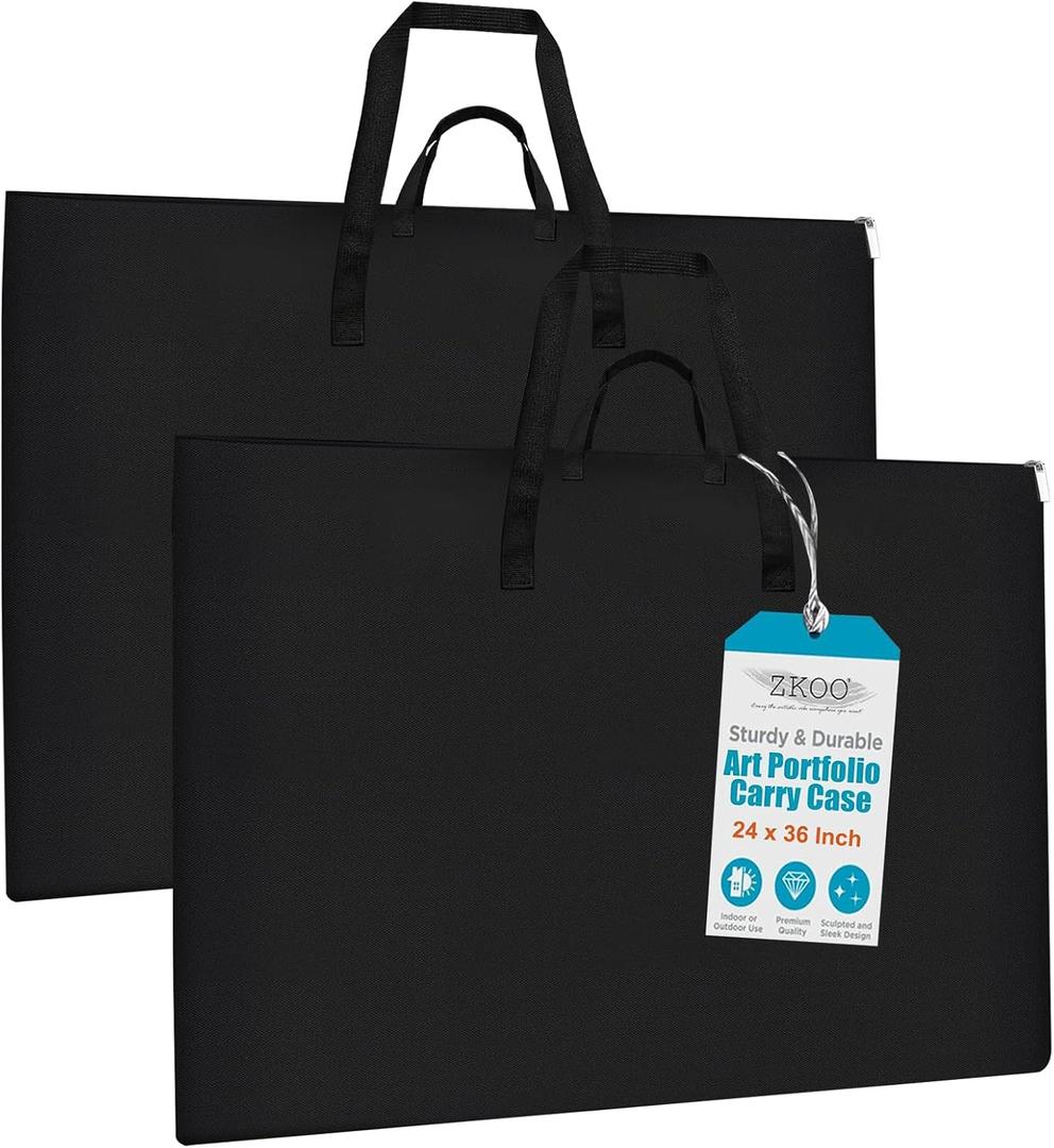ZKOO 24 x 36 Inch Art Portfolio Bag, Large Size Art Case Light Weight Waterproof Poster Board Storage Bag, Studio Portfolio Tote for Artwork, Poster, Sketch Drawing, Canvas (Black, 2 Pack)