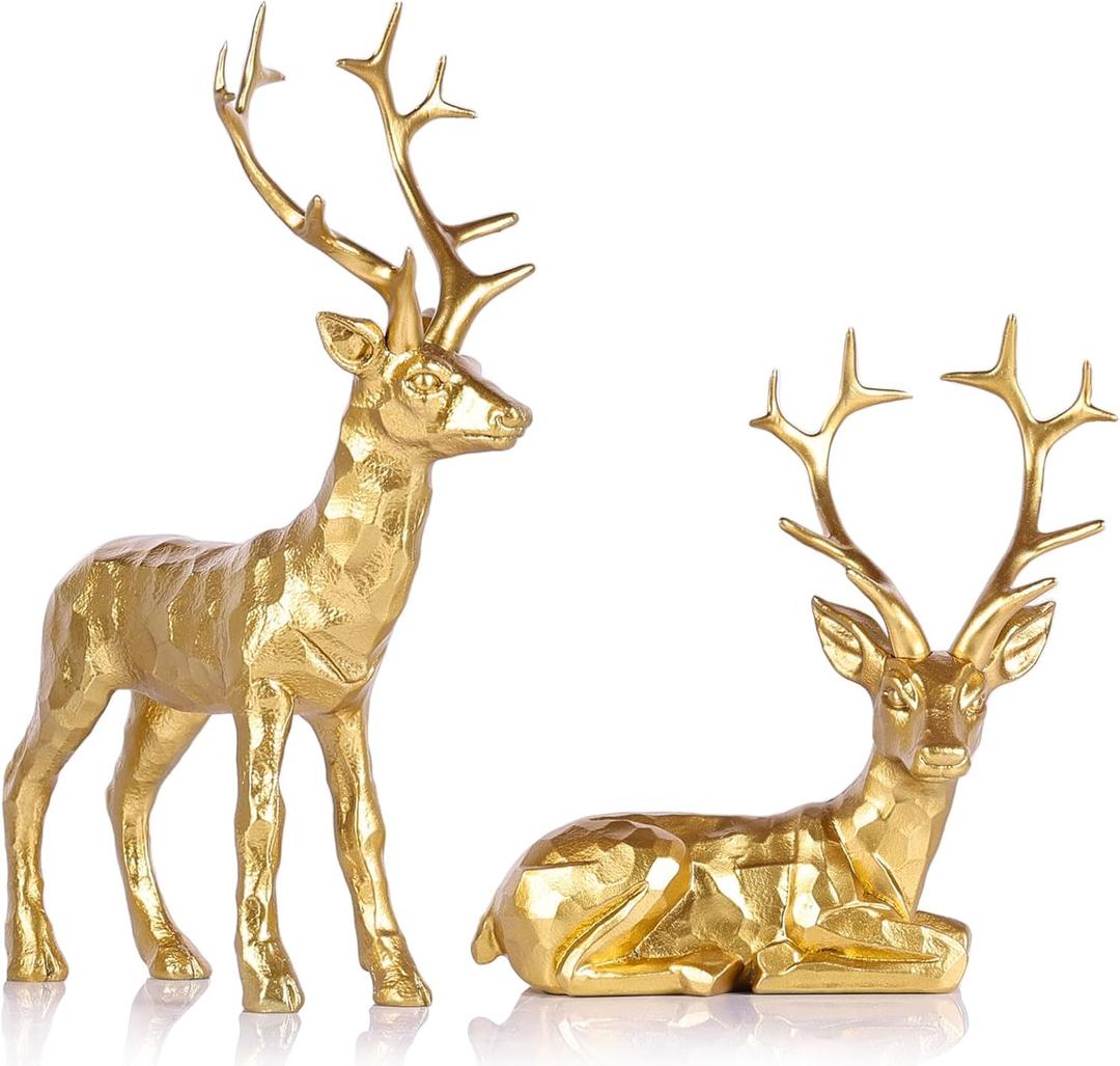 Set of 2 Gold Reindeer Christmas Decor Figurines - Handcrafted Resin Deer Statues for Tabletop Mantel or Shelf, Elegant Gold Reindeer Decor and Christmas Deer Figurines for Holiday Home Decoration