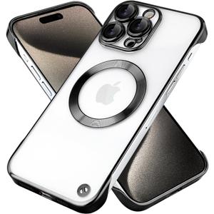 Frameless for iPhone 15 Pro Max Case with Camera Lens Bumper, [Compatible with MagSafe] Transparent Clear Plating Ultra Thin and Shockproof Cover for Girls and Women, Black