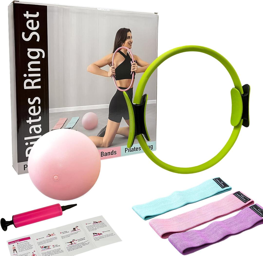 Pilates Ring Kit with Mini Ball & 3 Resistance Bands, at Home Pilates Equipment Set for Toning, Strength & Core Work, 15'' Magic Circle & 3-Level Bands