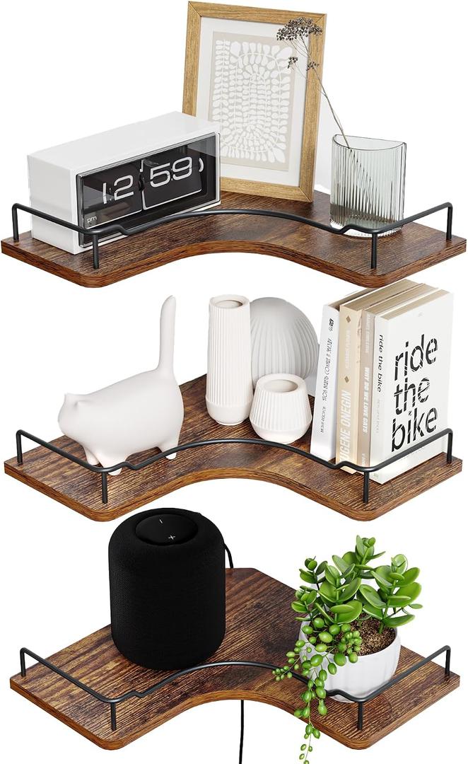 L-Shaped Corner Floating Shelves Set of 3,Rustic Wood Wall Mounted Storage Shelves,Display Shelf for Bathroom, Kitchen,Bedroom, Living Room, Office (Brown)