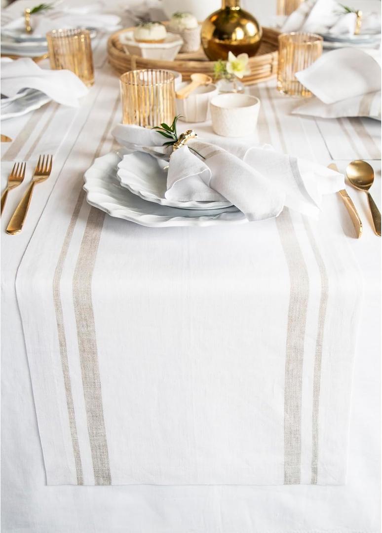 Solino Home Striped Table Runner 60 Inches - 100% Pure Linen Natural and White French Stripe Small Table Runner 14 x 60 Inch Ideal for Dresser and Coffee Tables - Summer