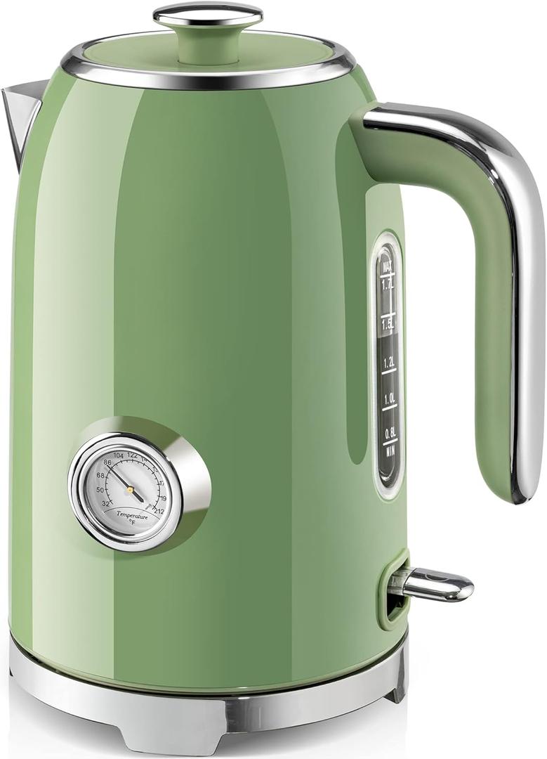 SUSTEAS Electric Kettle  57oz Hot Tea Water Boiler with Thermometer, 1500W Fast Heating Stainless Steel Pot, Cordless LED Indicator, Auto ShutOff & Boil Dry Protection, Retro Green