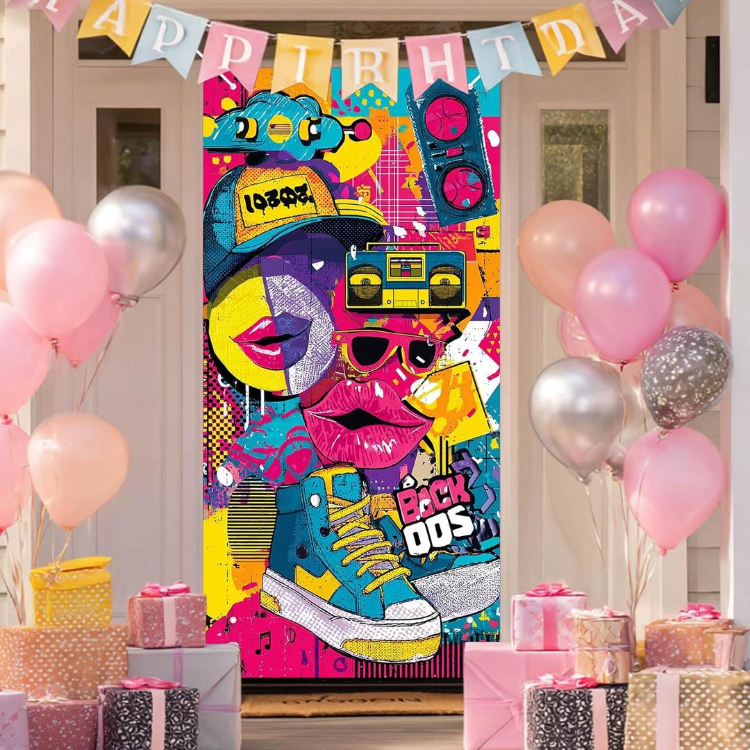 Back to 00s Happy Birthday Door Banner 35x71 Inch Y2K Graffiti Style Party Backdrop with Sneakers Lips and Neon Colors for Indoor Wall Birthday Celebration Decor