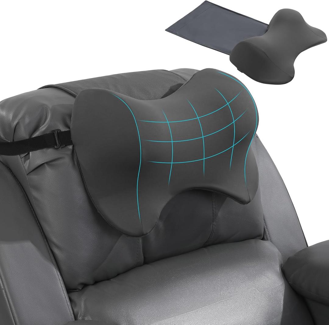 MABOZOO Neck Pillows for Recliner, Memory Foam Headrest Pillow with Non-Slip Backing and Elastic Straps, Recliner Neck Pillow for Pain Relief and Side Sleeping (Gray)