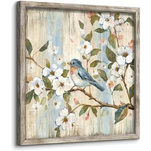 Cherry Blossom Tree Picture Framed: Flower Artwork Botanical Painting Bird Animal Wall Art on The Branch Wood Print for Bedroom(16x16)