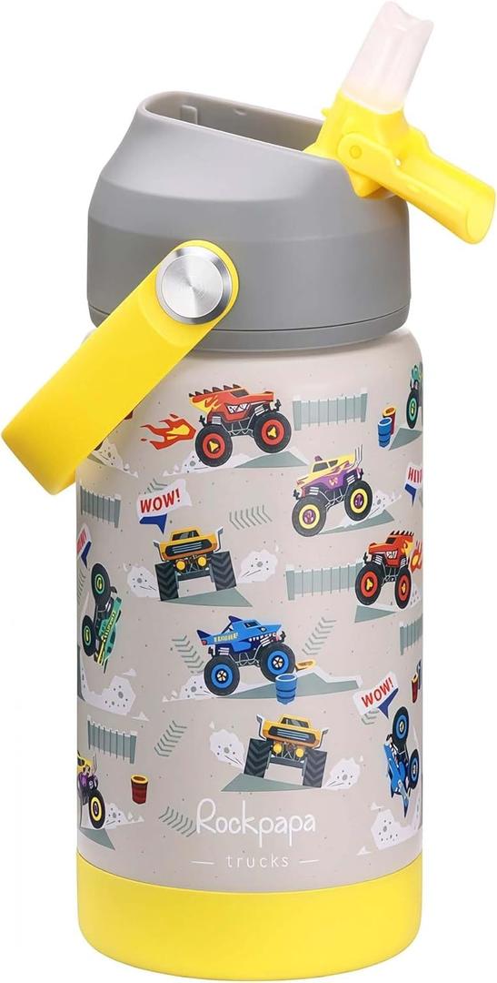 rockpapa 14 oz Kids Insulated Water Bottle, Stainless Steel Toddler Cups with Straws, BPA Free, Leak-Proof, Kids Water Bottle for School Boys& Girls (Grey Trucks)