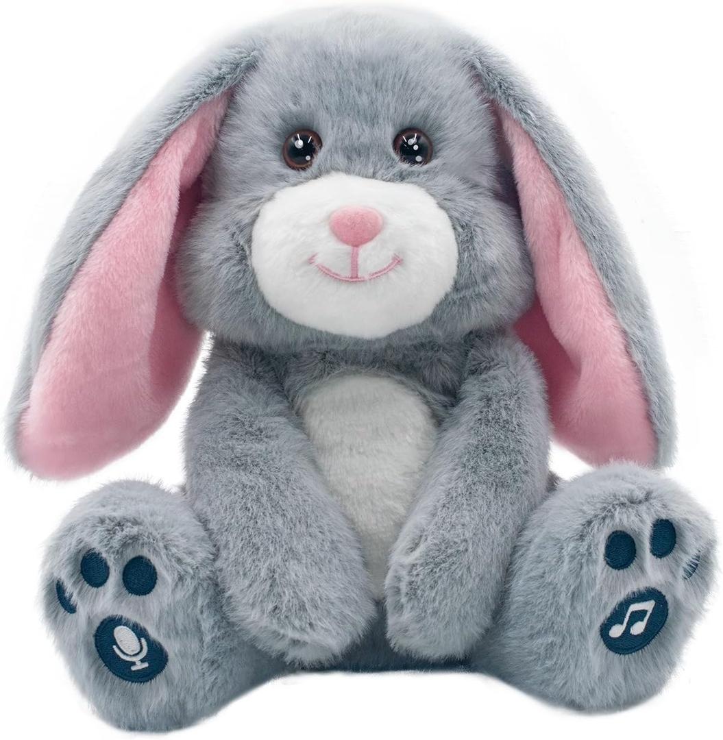 YH YUHUNG Easter Bunny Interactive Talking Plush Toy, Voice Repeat & Record, 10 Songs with Flapping Ears, Volume Control, Animated Stuffed Rabbit Easter Basket Gift for Toddlers Kids, Soft Gray
