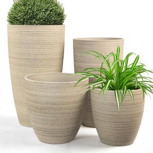 ZMTECH 4 Pack Plastic Planters 24/21/12/10 in, Beige Faux Stone Finish Round Flower Pots with Drainage Holes & Saucers, Large Tall Plant Pots for Indoor Outdoor, Patio Garden Decor, Plant Containers