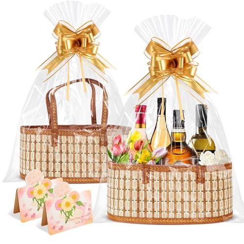 Orchidleaf 2 Set Baskets for Gifts Empty, Gift Empty Bamboo Basket Large, Foldable Woven Gift Basket with Handle for Baby Baptisms, Mother's Day, Christmas, Housewarming