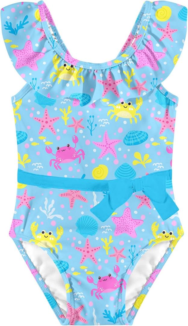 Girls One Piece Swimsuits Toddler Cute Ruffle Bathing Suits Quick Dry Beach Swimwear Size 2-7 Years (5-6 Years, Sea Animals)