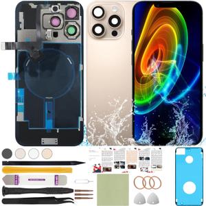 Back Glass Replacement Compatible with iPhone 16 Pro All Carriers 6.3" + Pre-Installed Plate + Wireless Charging Coil Flex Cable + Microphone + Flashlight + Camera Frame (Desert)