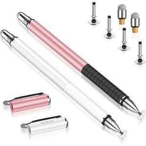 MEKO Stylus Pens for Touch Screens, 2 in 1 Universal Disc Stylus Pens for iPhone, iPad and All Capacitive Cell Phones, Tablets, Laptops Bundle with 6 Replacement Tips - (2 Pcs, White/Rose Gold)