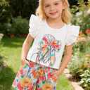 AMAWMW Girls Summer Clothes 2 Piece Outfit Ruffle Sleeve Shirt Top Paperbag Waist Shorts with Pockets Kids Clothing Set 4-12Y, White, 4-5T (White)