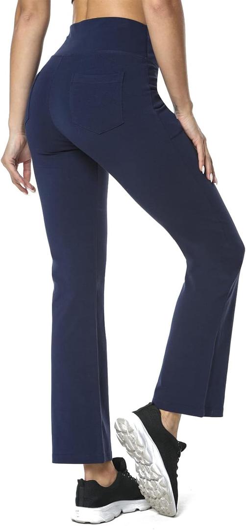 Houmous Inseam Women's Cotton Bootcut Pants Inner Pocket(Tall-35 Inseam-Navy Blue, 4 Pockets, Small)