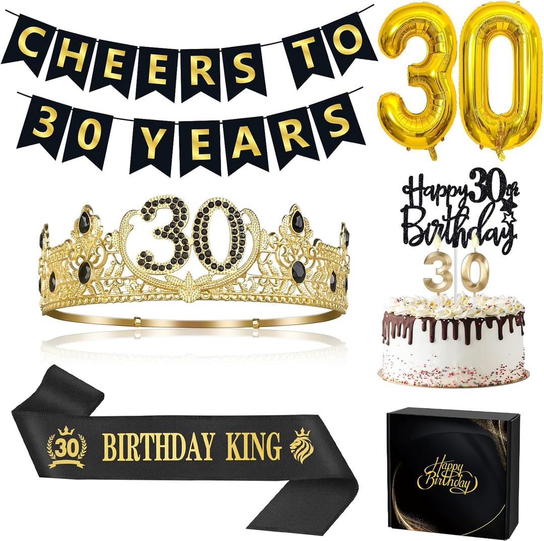 30th Birthday Gifts for Men, 30th Birthday Decorations for Men, Party Decor Supplies including King Crown & Sash & Banner & Balloons & Cake Topper & Candles