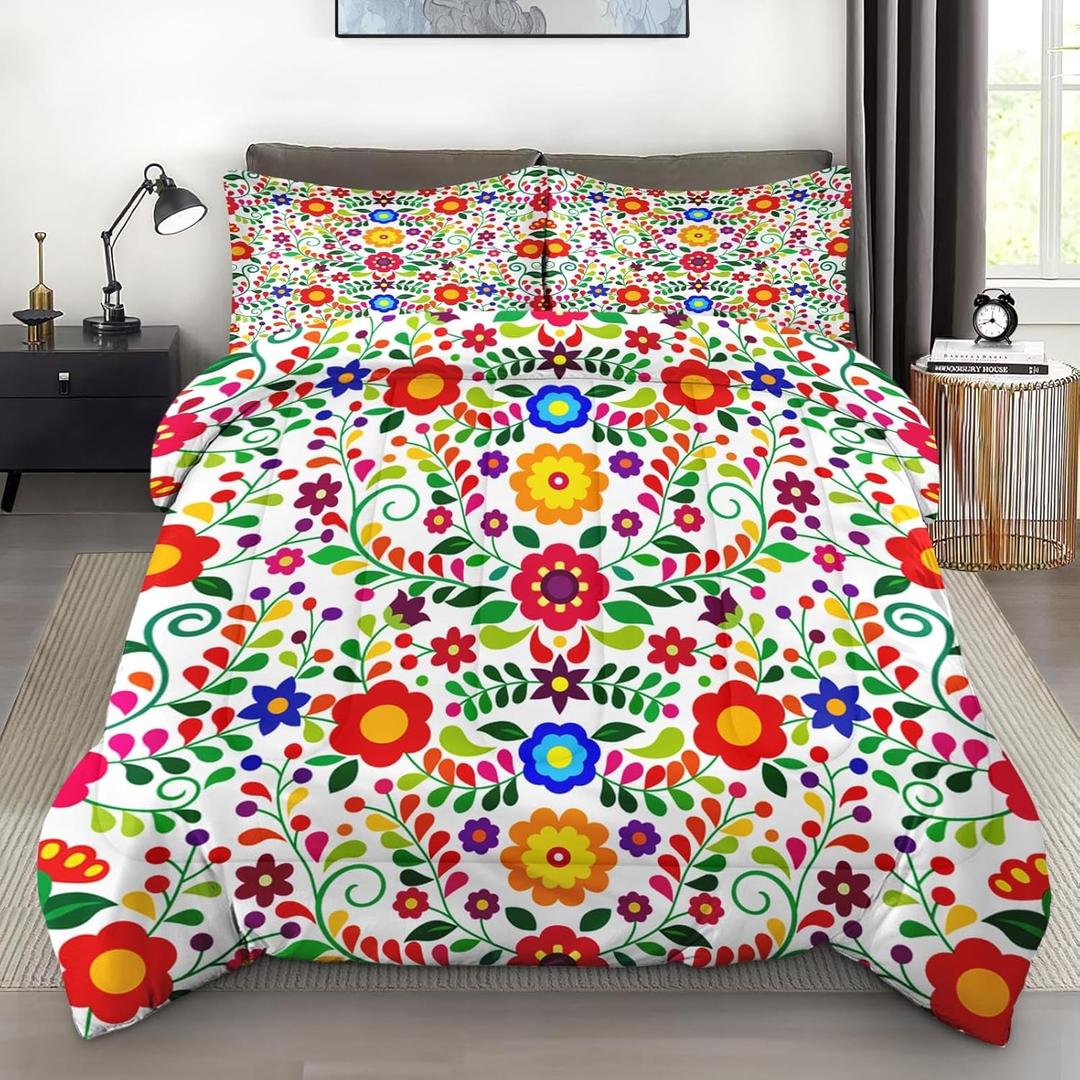 Pamnest Comforter Set Full Size, Colorful Floral Happy Soft 3 Pcs Bedding for Kids and Adults, Mexican Flower Mexico Comforter Set with Pillowcase, for Bedroom Bed Decor