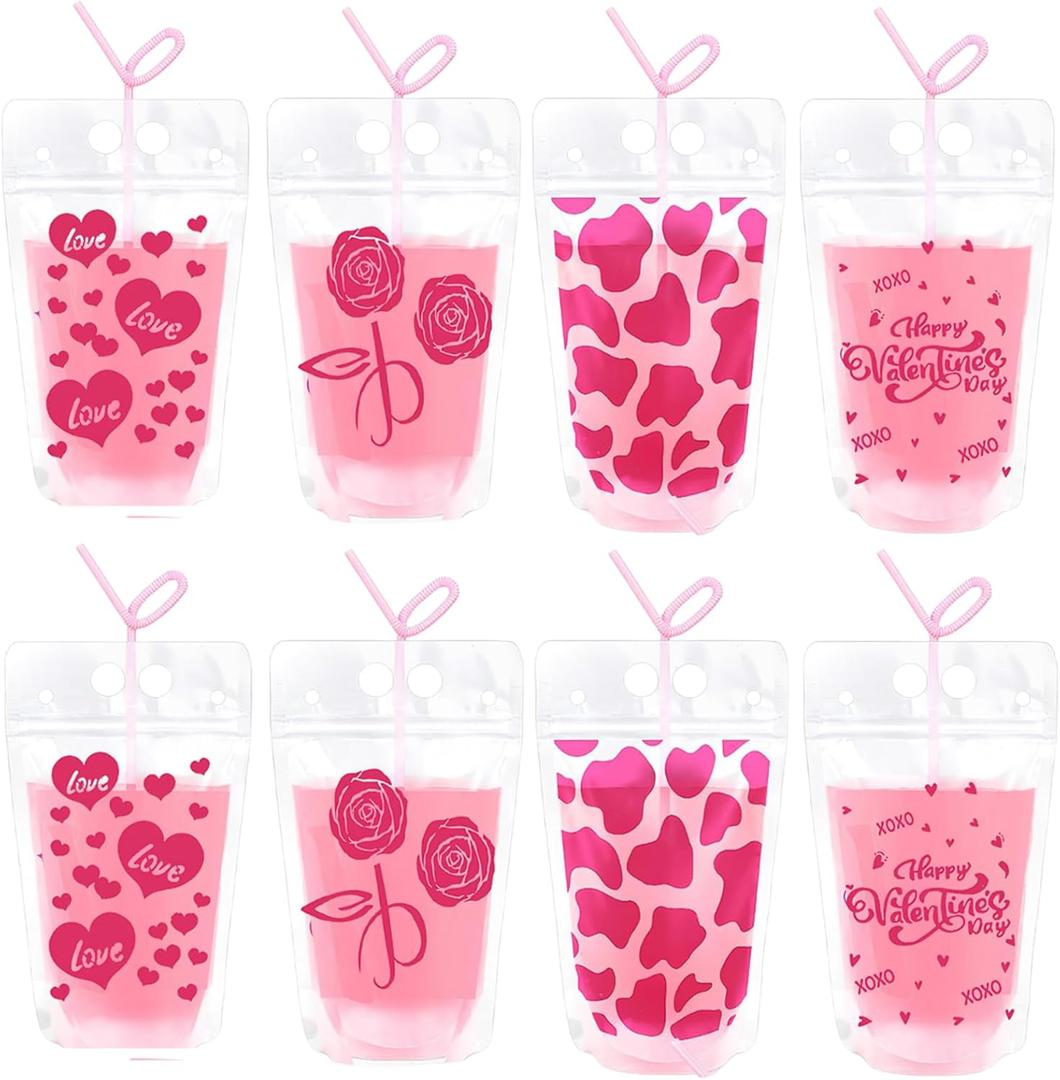 20 Pcs Valentines Day Heart Drink Pouches With Straws Pink Heart Love Rose Flowers Juice Pouches Reusable Clear Plastic Juice Drink Bags for Valentines Wedding Birthday Bachelorette Party Supplies