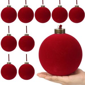 9 PCS Christmas Velvet Balls Flocked Xmas Tree Ball Ornaments Christmas Large Ball Set Xmas Tree Hanging Decoration  6 Inch (Red, 6inch)