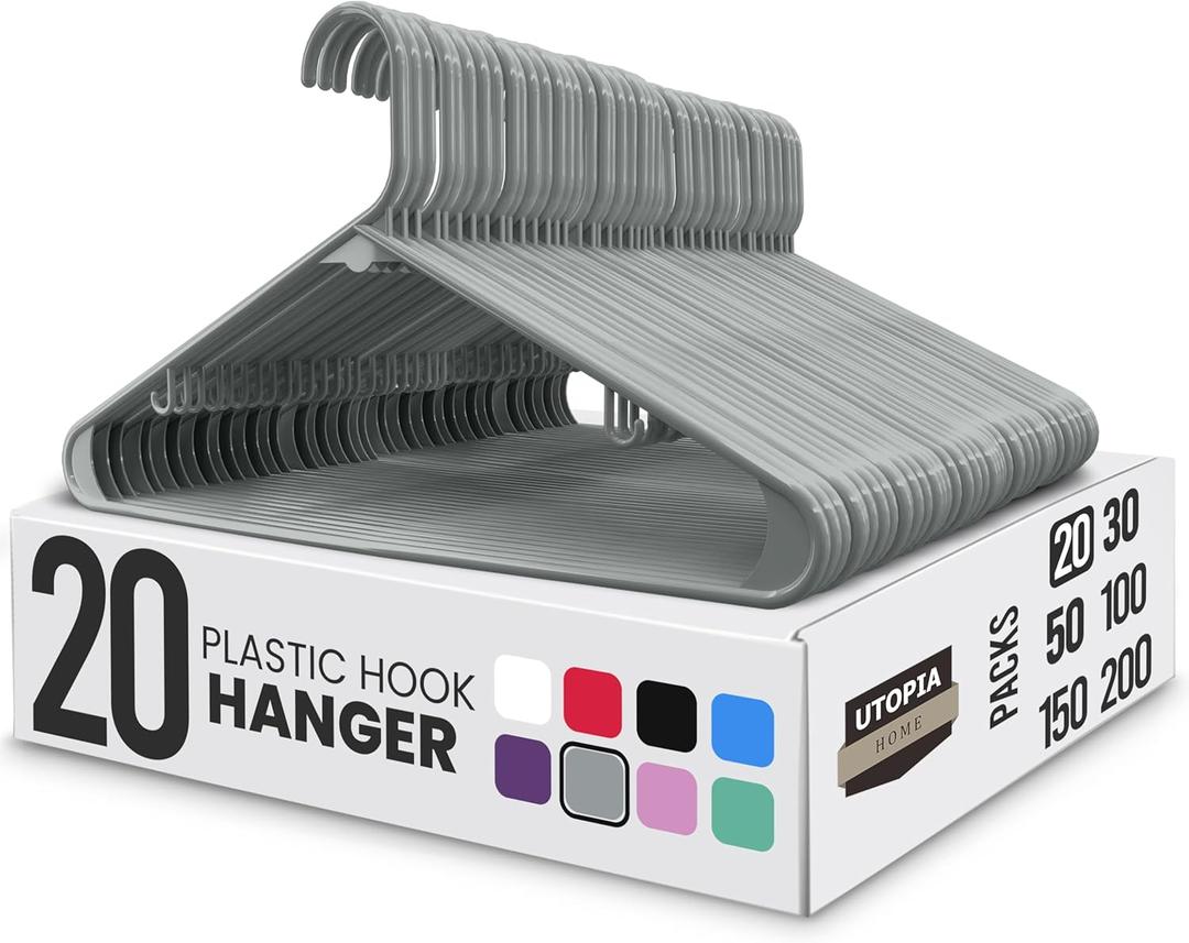Utopia Home Plastic Hangers 20 Pack - Space Saving Clothes Hanger - Durable & Strong Closet Organizers and Storage with Built-in Strap Hooks - Essential for Shirts, Pants, Skirts & Coats (Grey) (Gray)