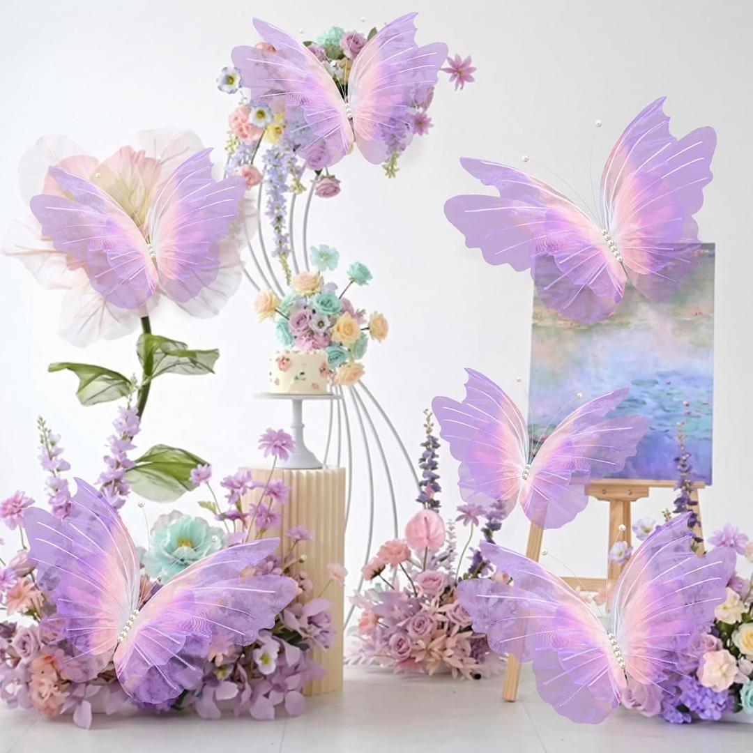 Geelin 6 Pcs Large Pink-Purple Gradient Butterfly Decorations Mariposas Grandes para Decoracion Butterfly Party Decor 20 Inch 12 Inch 3D Silk Butterflies for Baby Shower Women Birthday Party Wedding