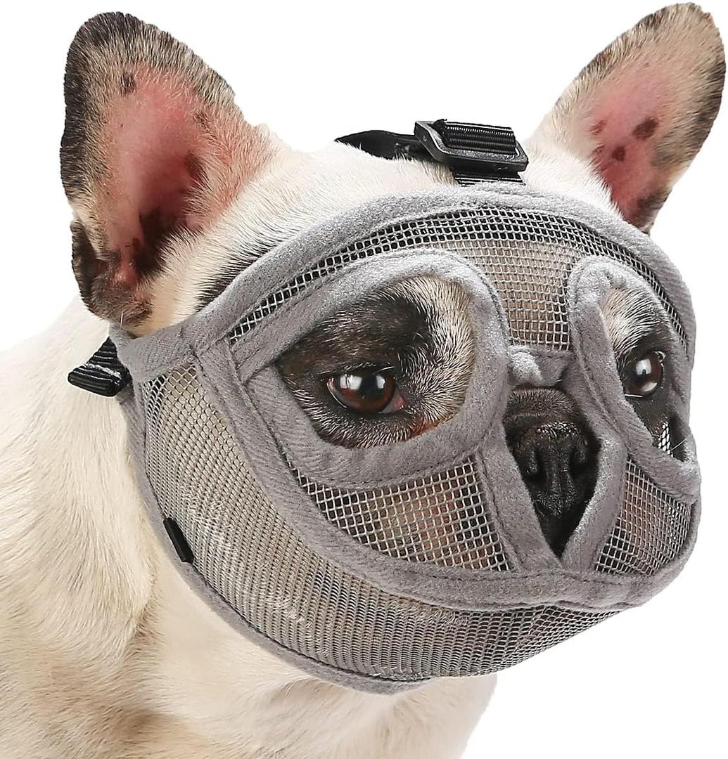 BARKLESS Short Snout Dog Muzzle, Breathable Mesh Flat Faced Muzzle for French Bulldog Shih Tzu and Pug, Mask Bulldog Mouth Cover for Biting Chewing Licking (Grey, XXS) (XXS (Head 8.5-12.5''))