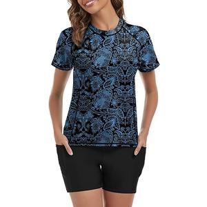 Tournesol Women's Rash Guard 2 Piece Short Sleeve Swim Shirt with Shorts Swimsuit with Bra Bathing Suit Plus Size with Pocket 2XL Pocket & Blue Flower