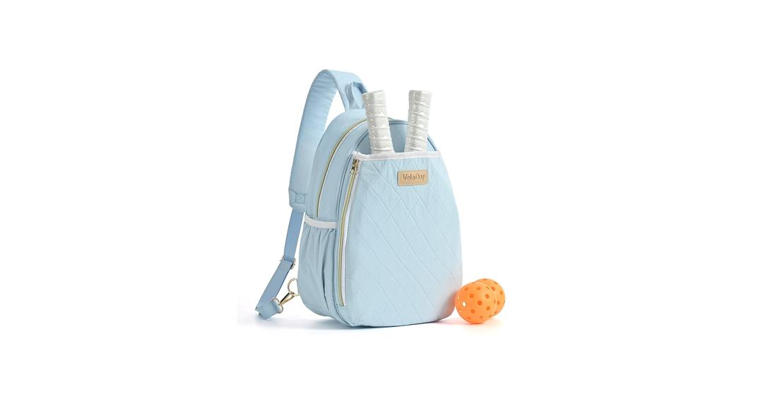 VELADAY Pickleball Bag for Women, Quilted Stylish Sling Bag, Adjustable Shoulder Strap, 2 Storage Compartment Holds Paddles, Balls, Shoes, Baby Blue