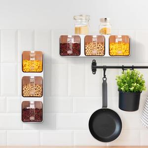 2 x JIABEIUS 3-Grids Seasoning Box, Wall Mounted Salt Container with Spoon, Hanging Spice Drawer Organizer, Kitchen Condiment Jar with Label and Rack for Salt, Sugar, PepperWhite