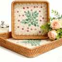 1 pcs Rectangle Rattan Serving Tray with Mother of Pearl Inlay, Decorative Wicker Tray for Coffee, Bread, Fruits, Elegant Table Decor for Living Room & Dining Room (10.6" x 10.6" x 1.9", Beige - Green & Pink Garden)