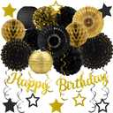 Black Gold Birthday Party-Decorations - 29pcs Black Gold Party Decorations for Men Women, Happy Birthday Banner Paper Streamers Lanterns Tissue Pom Poms - ZERODECO