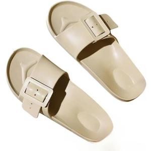 Women'S Summer Sandals Women Summer Slippers Outdoor Beach Sandals Flat Slides Adjustable Buckle House Slippers (37-38, Khaki)