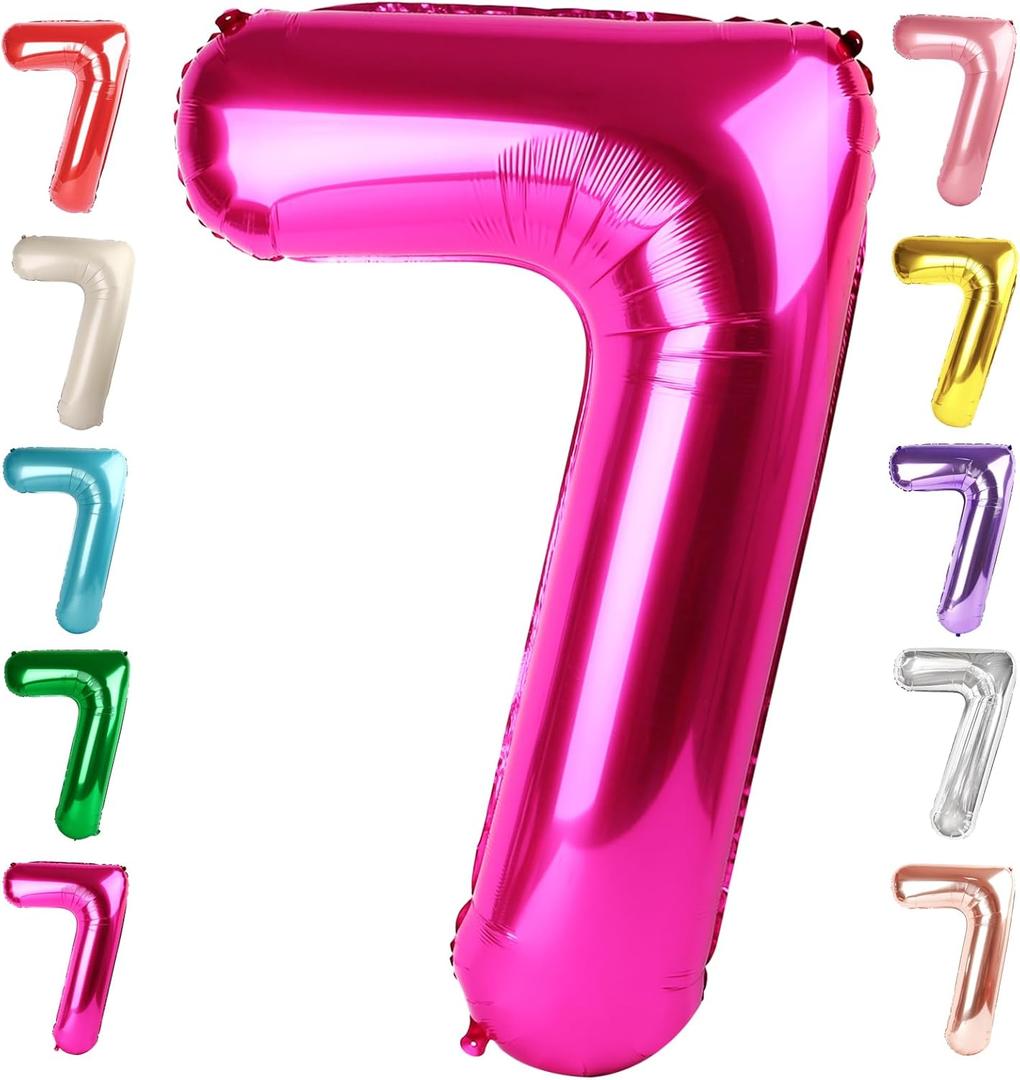 40 Inch Number 7 Balloon, Hot Pink Seven Birthday Decor, 7 17 27 70 Year Old Balloon Number for Engagement, Wedding, Graduations