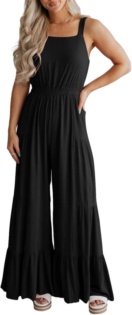 BLENCOT Jumpsuits for Women Summer Casual Loose Sleeveless Overalls Jumpsuit Ruffle Wide Leg Long Flare Pant Flowy Rompers (Small, Black)