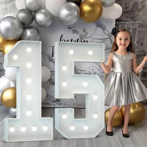 Marquee Numbers 4 Feet Tall: Large 15th Birthday Decorations Sign for Her Him 4FT Light Up Numbers White Anniversary Party Decor Big Backdrop Foam Cardboard Balloon Number 15