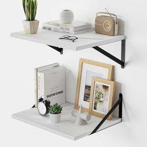 Venusmiles Deep Floating Shelves for Wall, 16" W x 12" D White Engineered Wood Wall Shelves for Living Room Bedroom Bathroom Kitchen Storage Decor, Black Metal Brackets, Set of 2